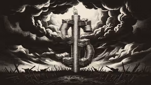 A towering pile of coins and cash forming a giant dollar sign with a military dog tag hanging from the peak.