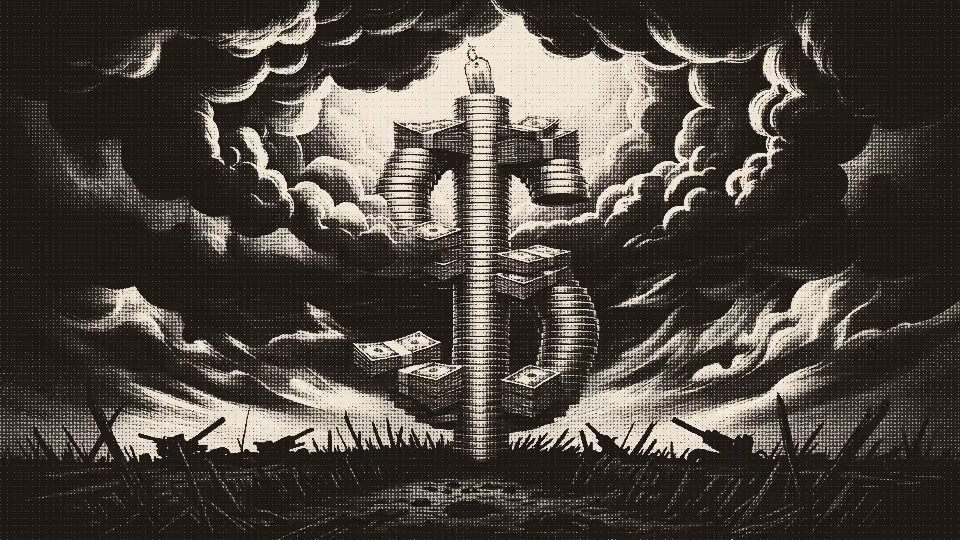 A towering pile of coins and cash forming a giant dollar sign with a military dog tag hanging from the peak.
