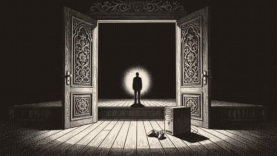 Silhouetted figure on a stage by open doors next to a desktop PC and controller.
