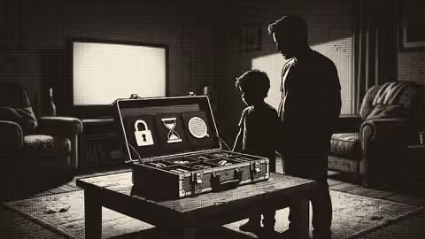 Silhouetted parent and child stand beside an open toolbox containing labeled gaming safety tools in a living room.