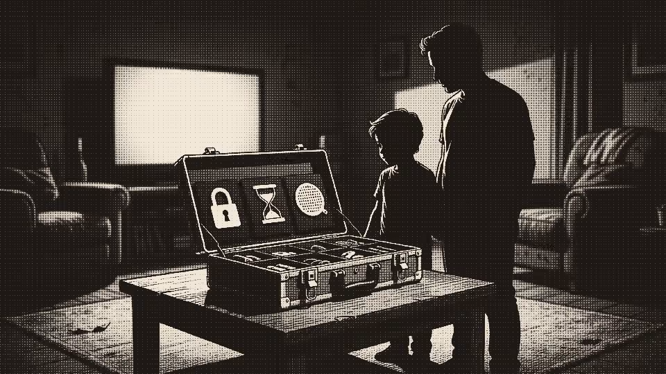 Silhouetted parent and child stand beside an open toolbox containing labeled gaming safety tools in a living room.